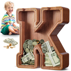 Summidate letter K piggy bank front view, bold initial design encourages kids to save