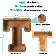 Summidate letter K piggy bank side view shows sturdy wood construction for durable use
