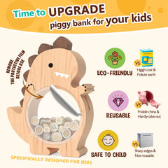 Summidate personalized dino money bank featuring a name sticker detail.
