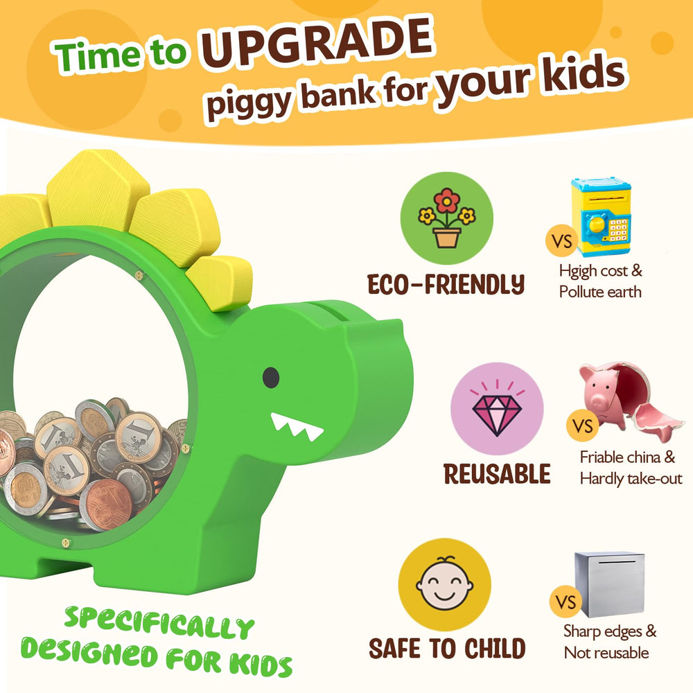 Summidate front engraving option personalizes the dinosaur piggy bank.