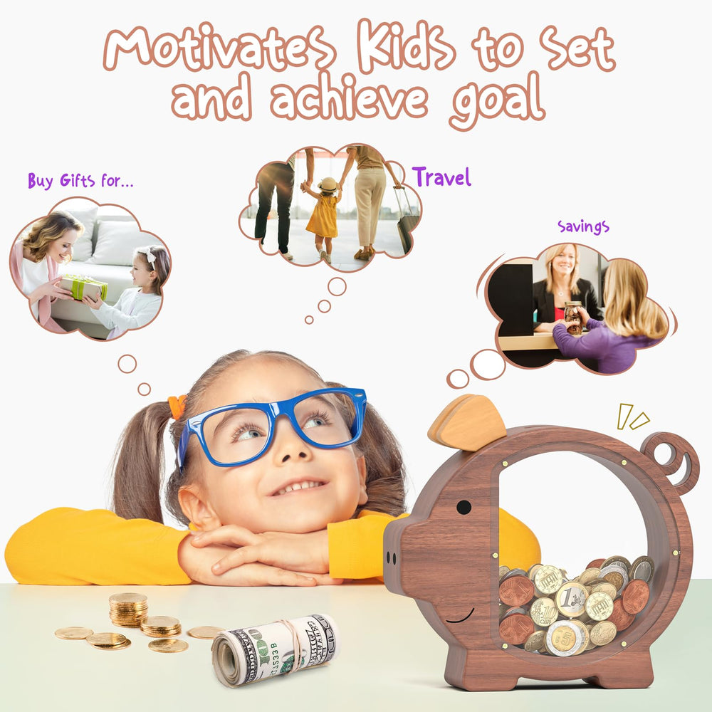 Summidate wooden piggy bank shows coins and bills storage for easy saving.