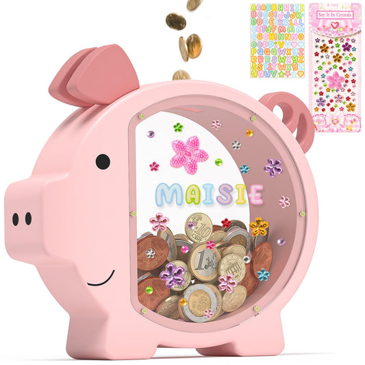 Summidate pink piggy bank for girls with a clear window encourages early savings
