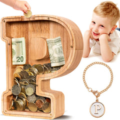 SummiDate wooden letter piggy bank front view with personalized initial for kids at home