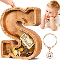 SummiDate wooden letter piggy bank front view for easy saving tracking