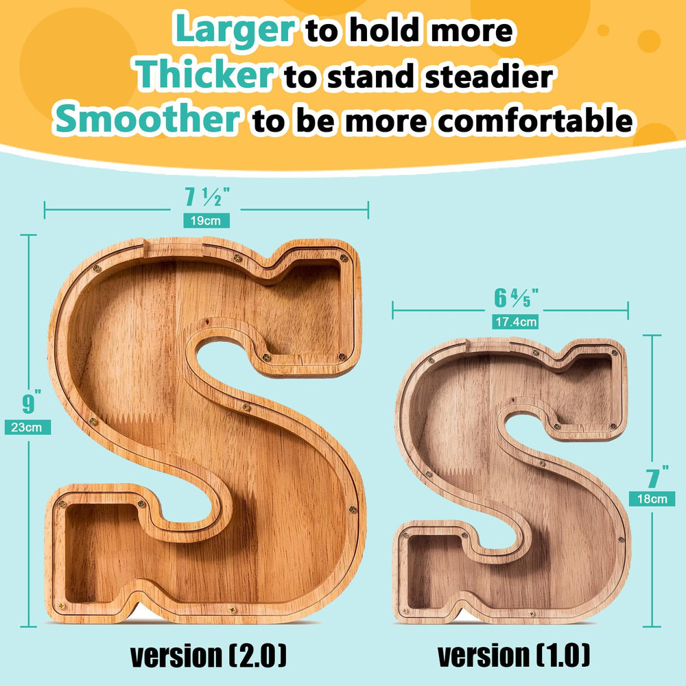 SummiDate wooden letter piggy bank side view showing sturdy thick construction