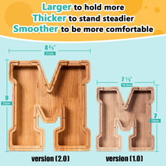 SummiDate wooden letter piggy bank side view on desk displaying sturdy design