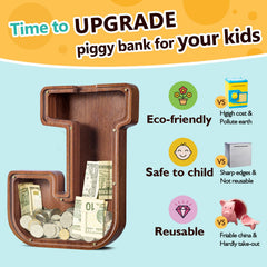 Summidate wooden piggy bank in walnut, durable and decorative for desks and shelves.