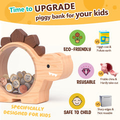Summidate wooden dino piggy bank close-up highlights natural wood finish.