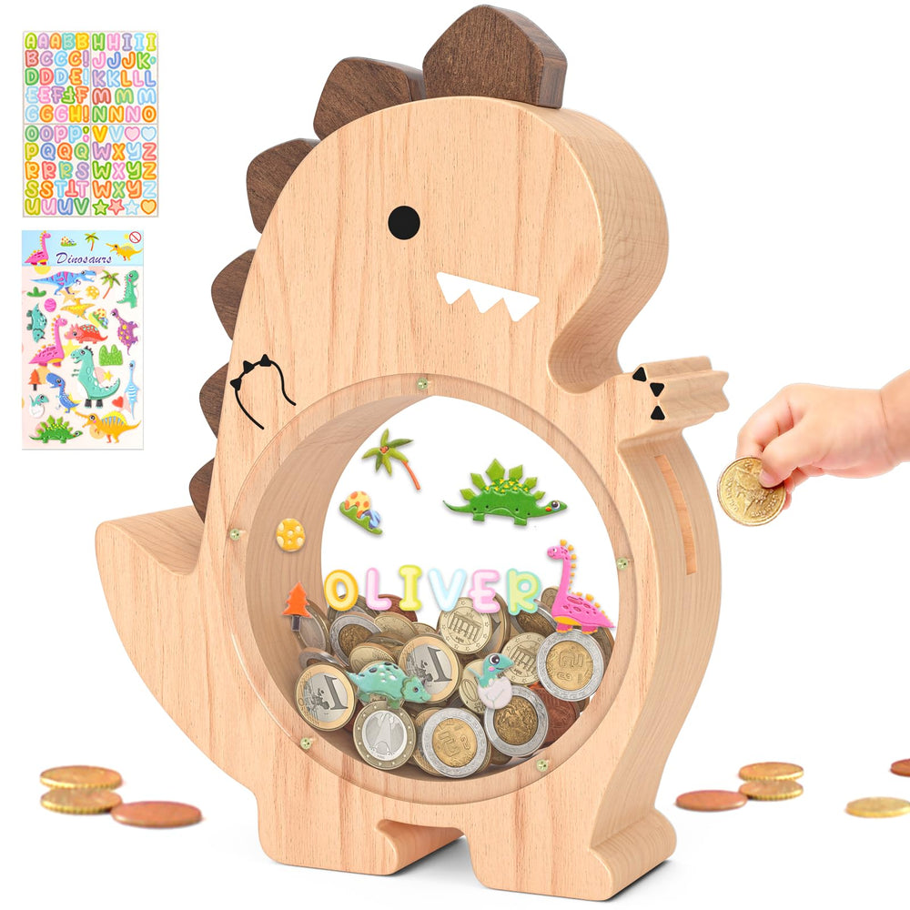 Summidate wooden Tyrannosaurus piggy bank with a playful design and durable finish for kids.