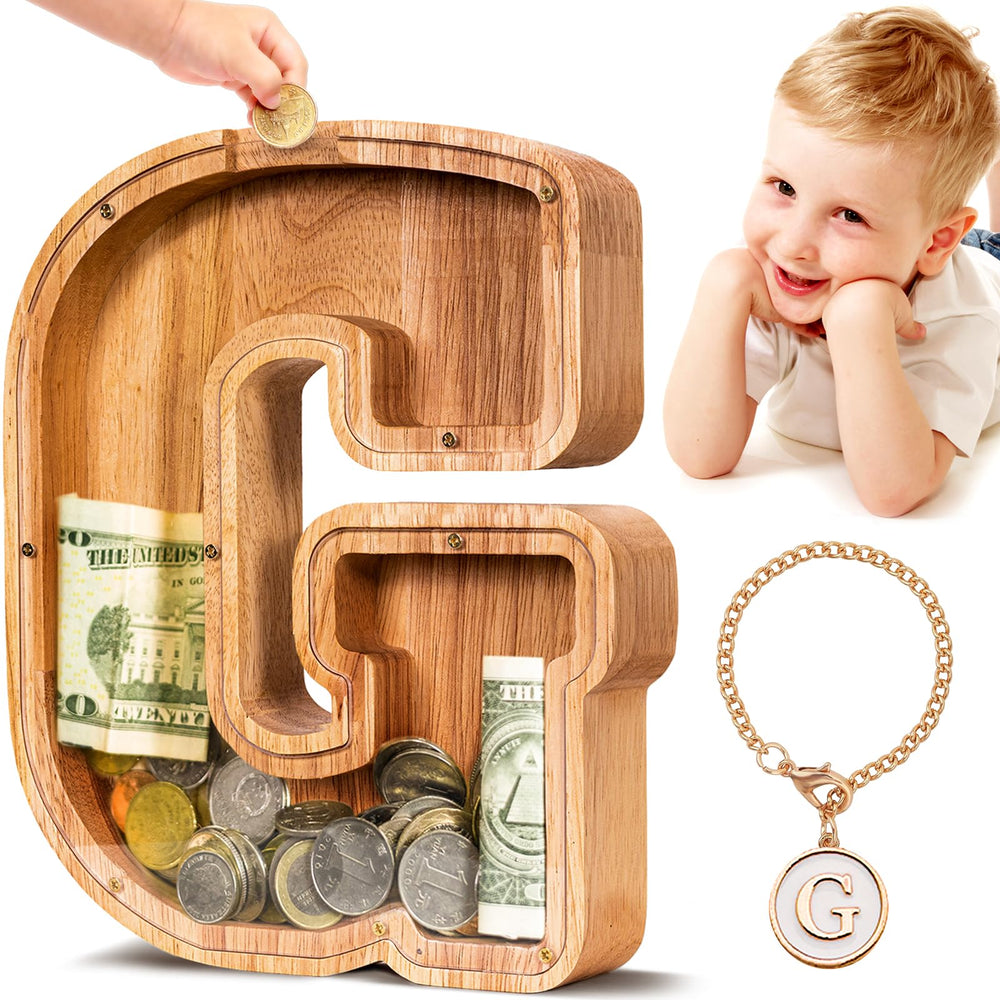 SummiDate wooden letter piggy bank front view shows sturdy design for daily savings