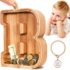SummiDate wooden letter piggy bank front view with transparent coin panel showing savings progress