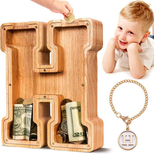 SummiDate wooden letter piggy bank H front view encourages kids to start saving