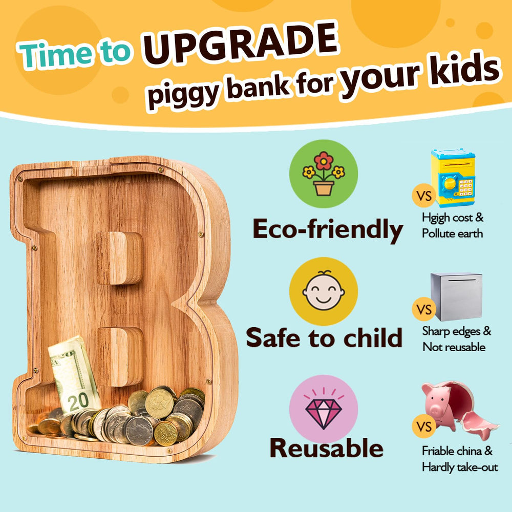 SummiDate customizable wooden piggy bank with initial letter design