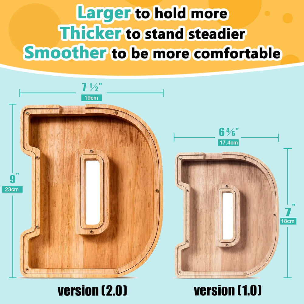 SummiDate wooden letter piggy bank with name initial personalization boosts ownership.