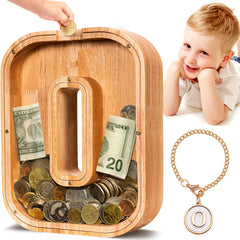 SummiDate wooden letter piggy bank O front view shows savings progress.