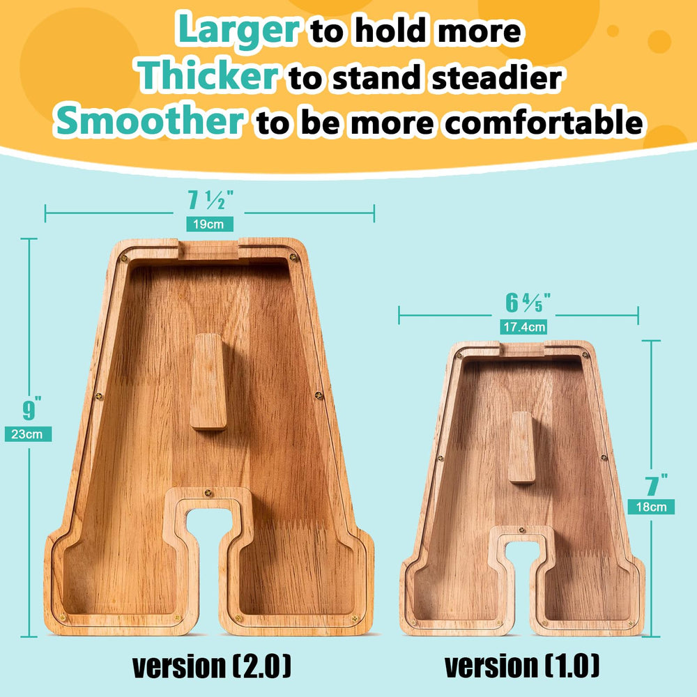 SummiDate wooden letter piggy bank side view highlighting sturdy construction for kids.
