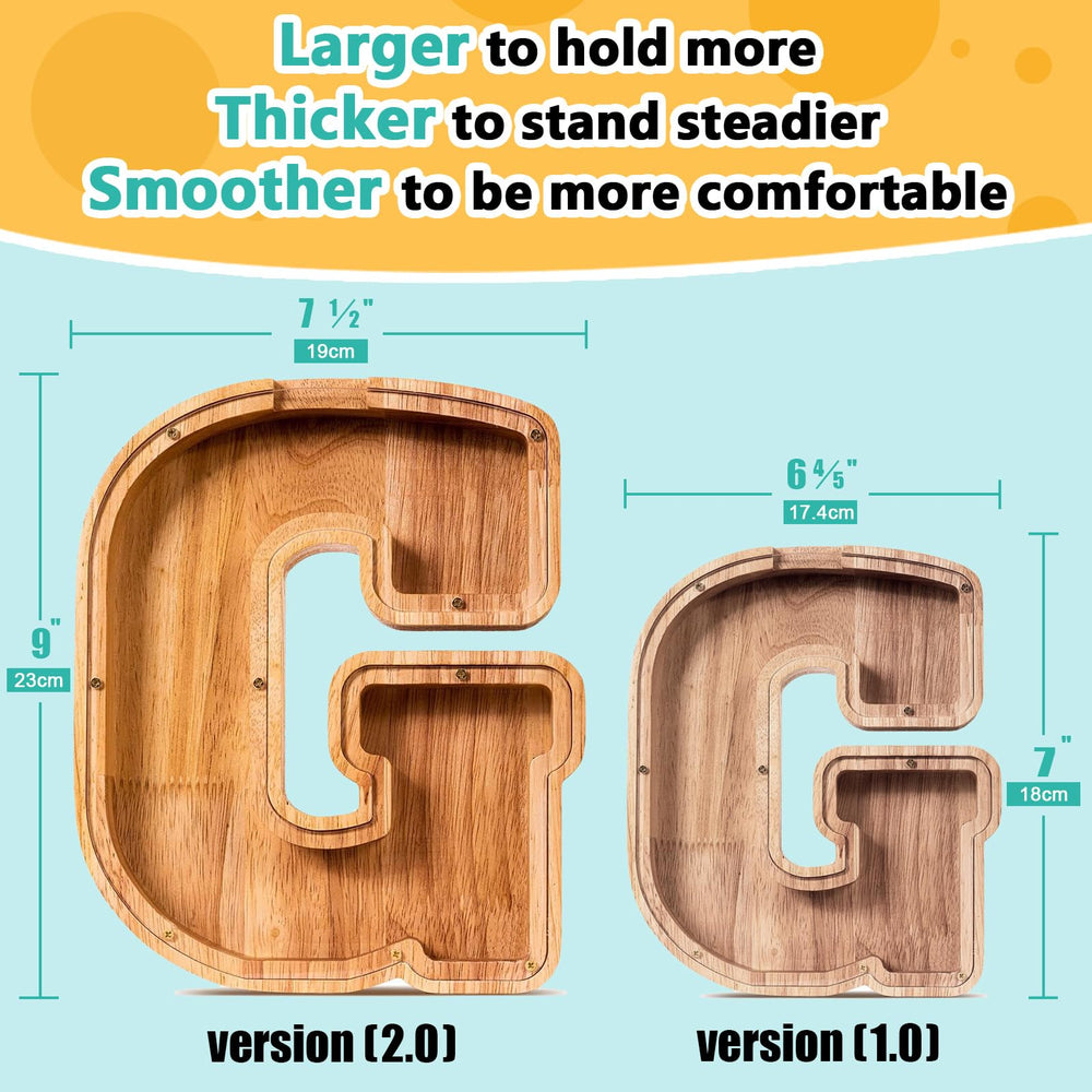SummiDate wooden letter piggy bank side view highlights roomy coin storage