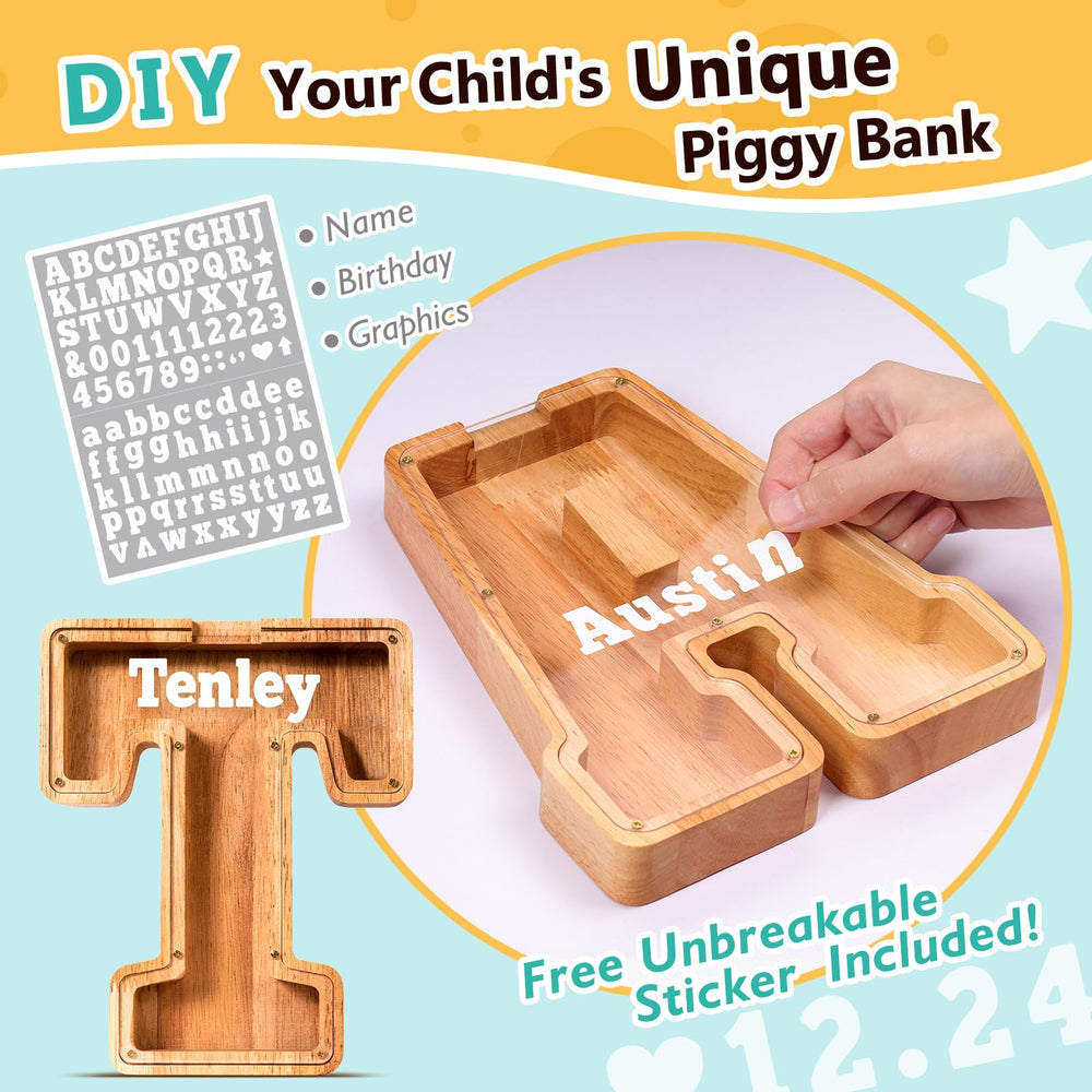 SummiDate wooden letter piggy bank top view shows engraving area and open access.