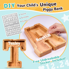 SummiDate wooden letter piggy bank top view shows engraving area and open access.