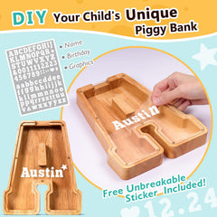 SummiDate wooden letter piggy bank transparent panel showing coin progress.