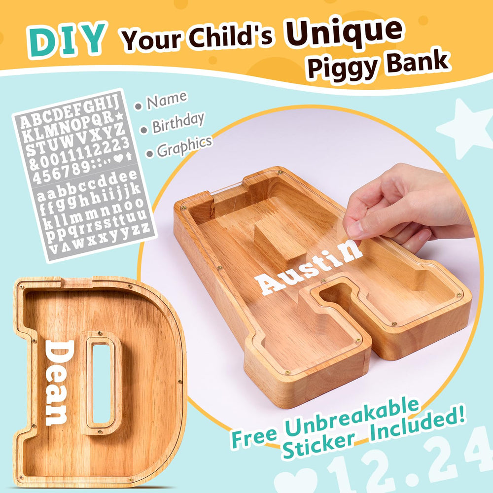 SummiDate wooden letter piggy bank transparent panel shows coins clearly.