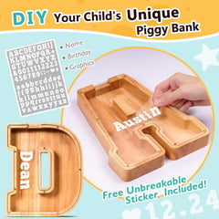 SummiDate wooden letter piggy bank transparent panel shows coins clearly.