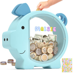 Summidate wooden piggy bank blue shows visible savings progress for kids.