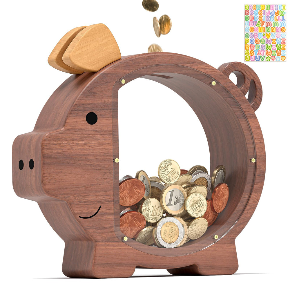 Summidate wooden piggy bank with classic design for durable savings.
