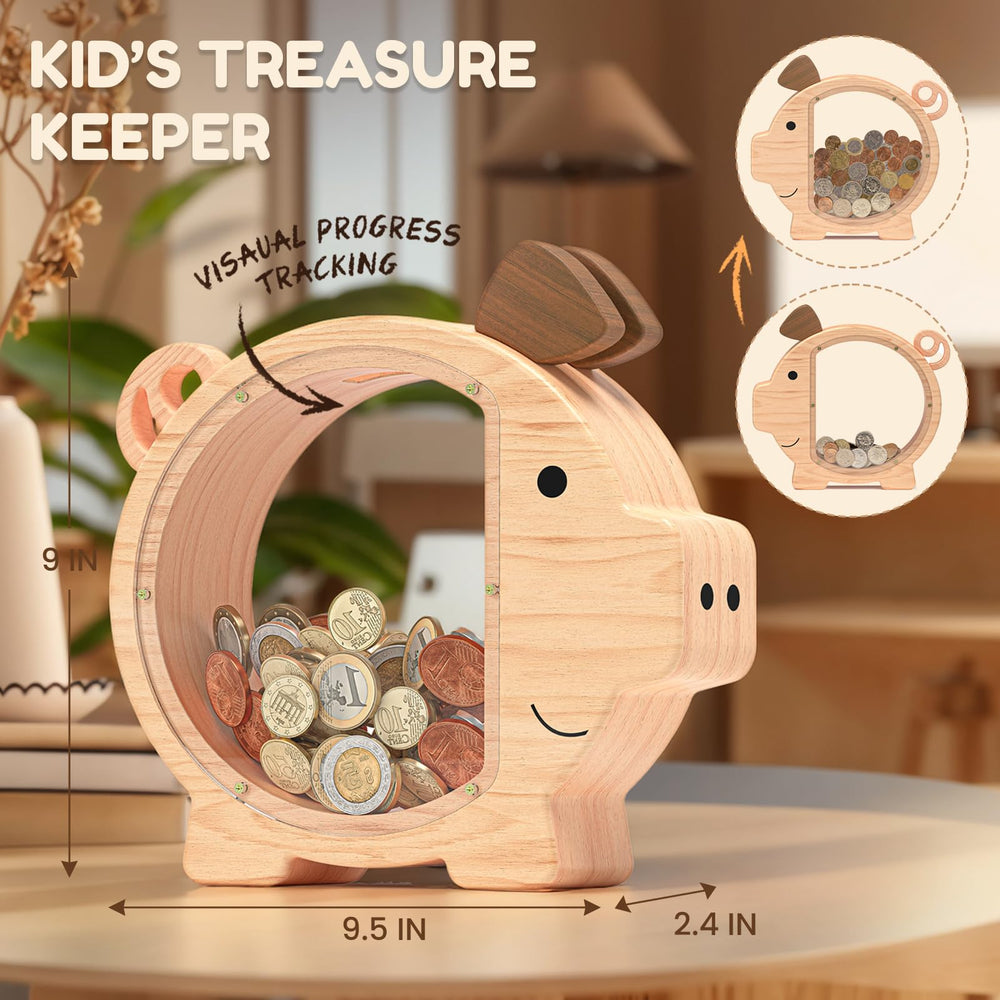 Summidate wooden piggy bank durable natural wood supports long-term use and decorative display.