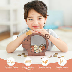 Summidate piggy bank made of natural wood material, eco-friendly and sturdy for long-term use.