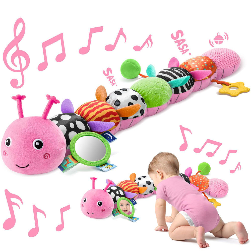 Sumobaby Caterpillar music plush toy with mirror and rattle guiding early exploration during tummy time.