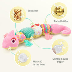 Sumobaby dinosaur tail rattles to engage baby in playful exploration.