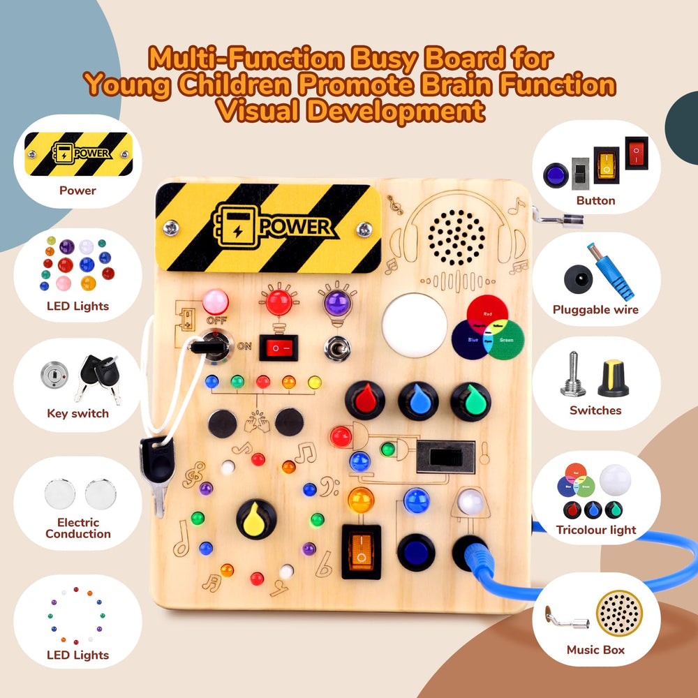 Sumsoltic Busy Board music box feature enhancing auditory exploration on the go.