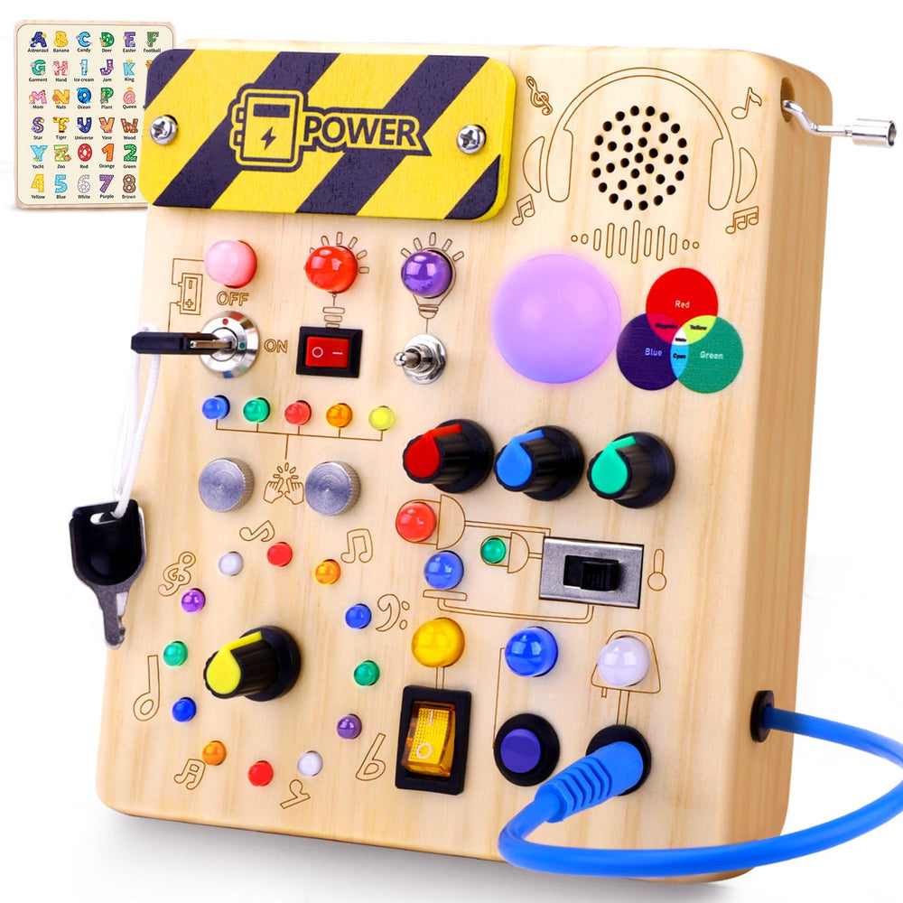 Sumsoltic Busy Board with toggle LED lights for tactile learning and color recognition.