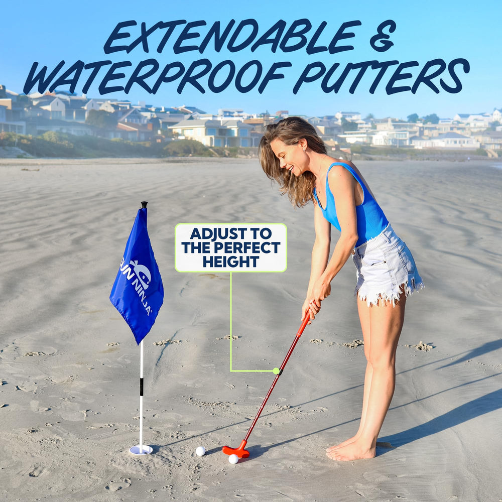 SUN NINJA Beach Golf Set with cups and flags to mark targets.