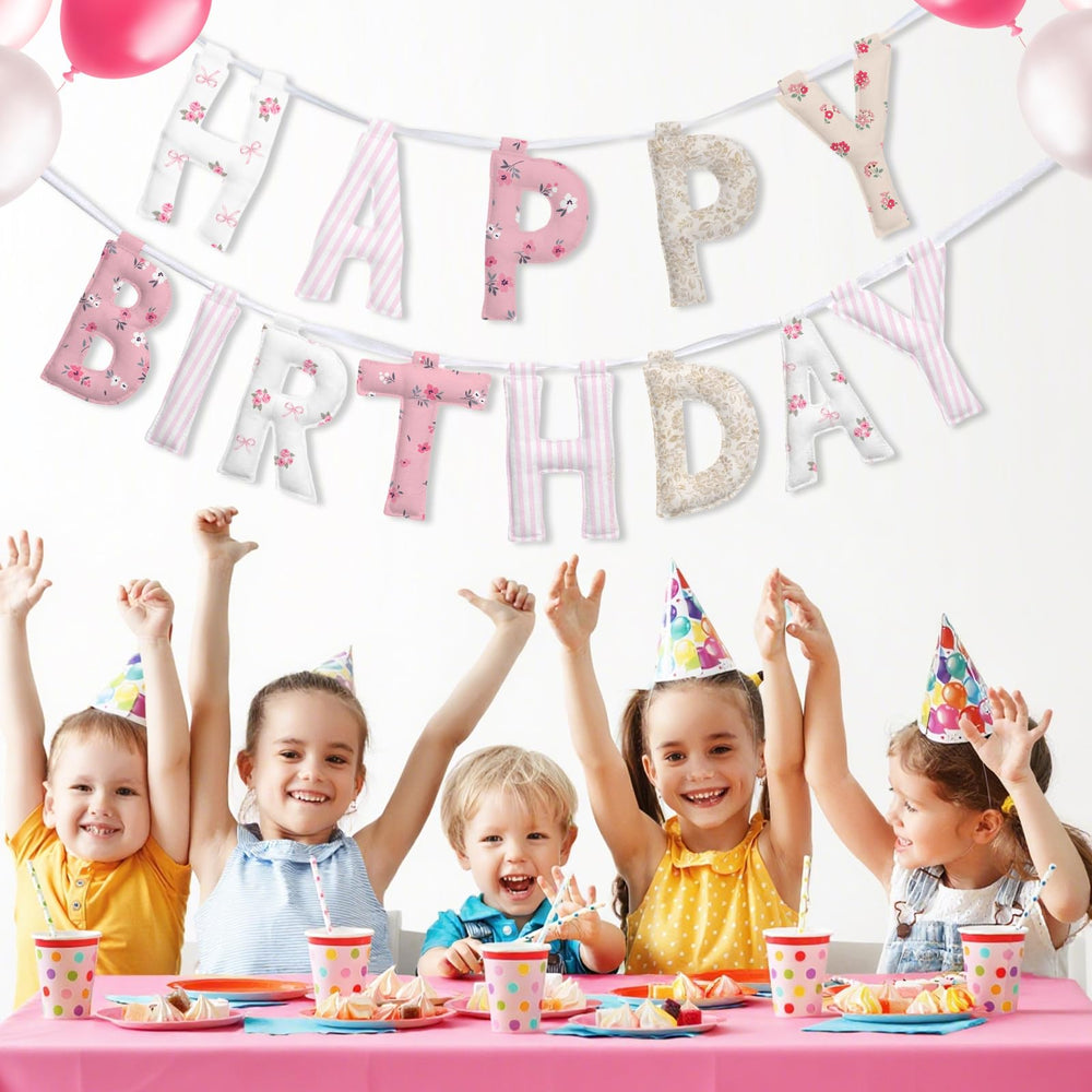Suncalla floral-themed banner enhances birthday décor detail