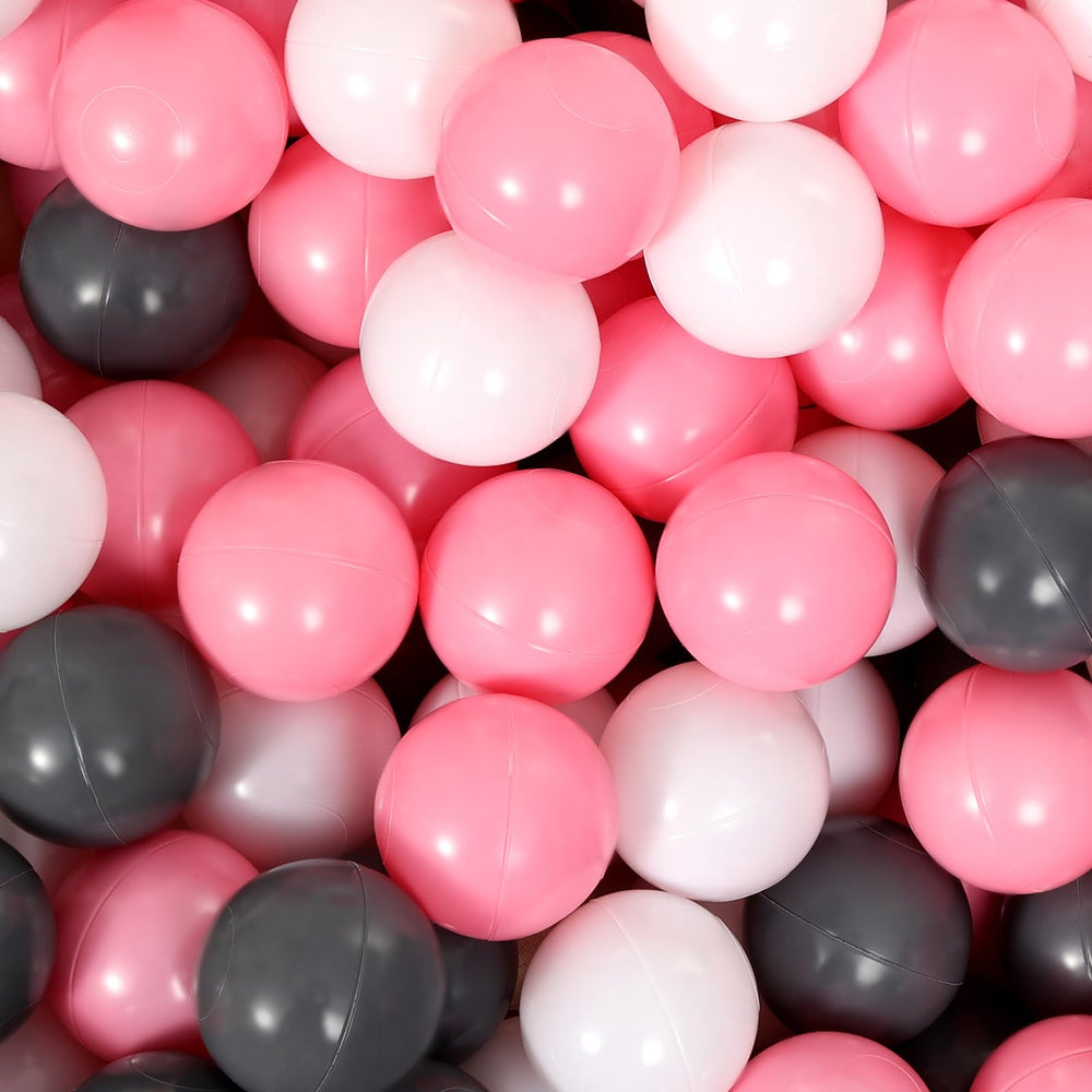 Suncuber ball pit balls in pink, white and grey promote safe sensory play for toddlers