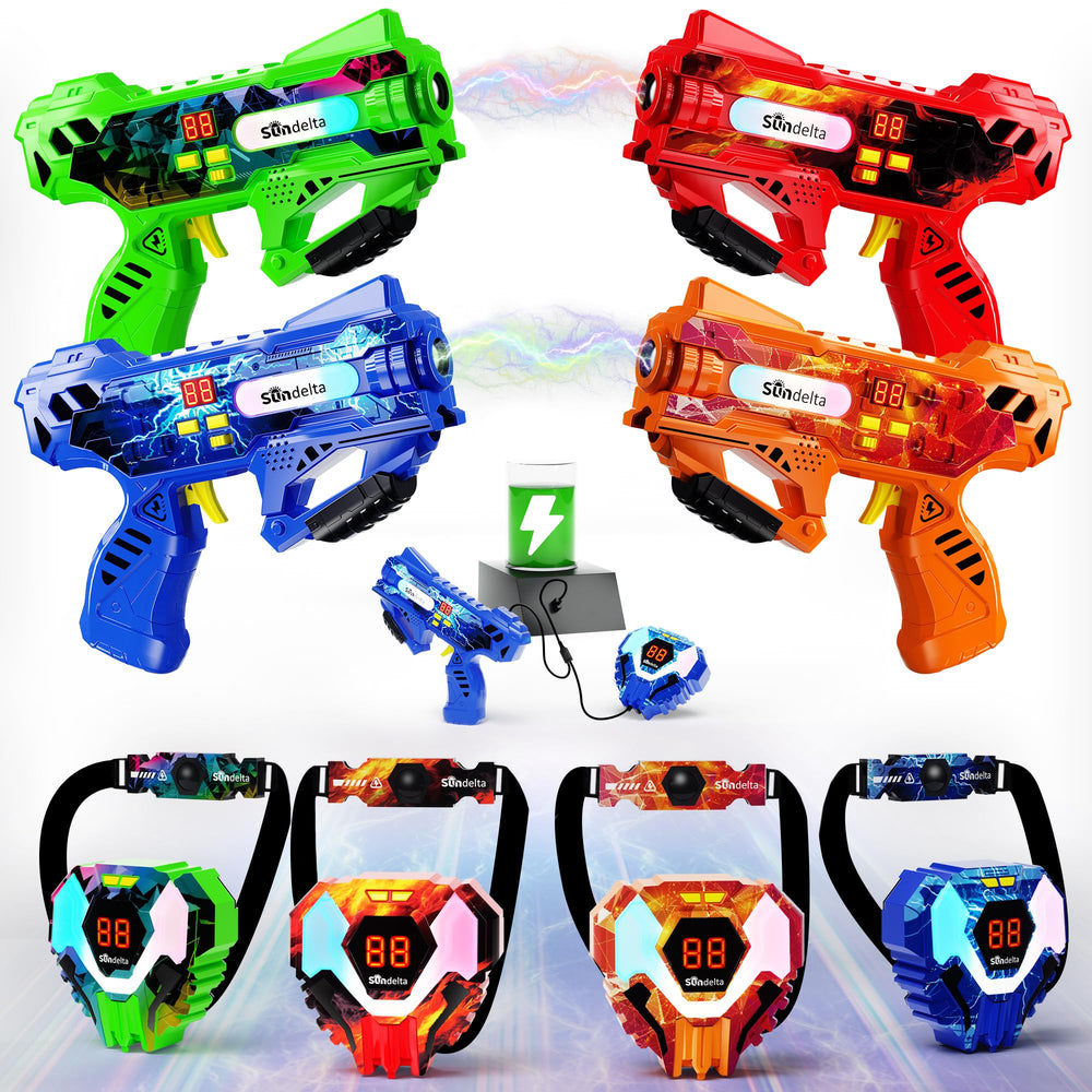 Sundelta rechargeable laser tag guns front view with LED display and sensors for instant feedback.