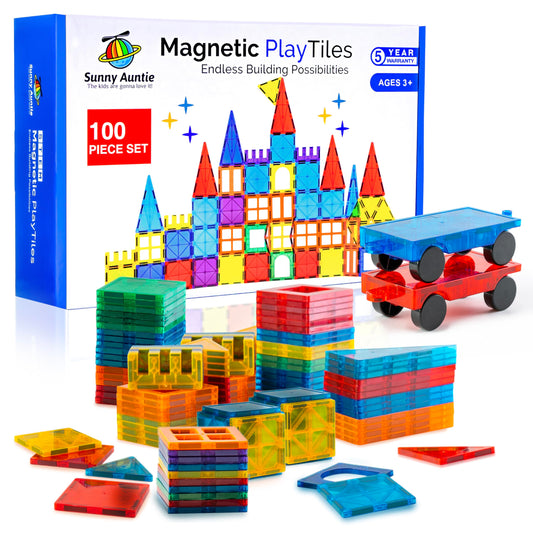 Sunny Auntie Magnetic Tiles 100 pcs—bright shapes boost creativity during play.