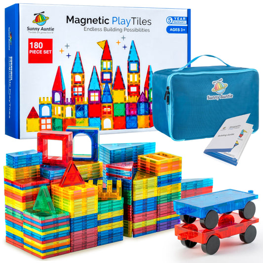 Sunny Auntie Magnetic Tiles spread with bright colors for imaginative building.