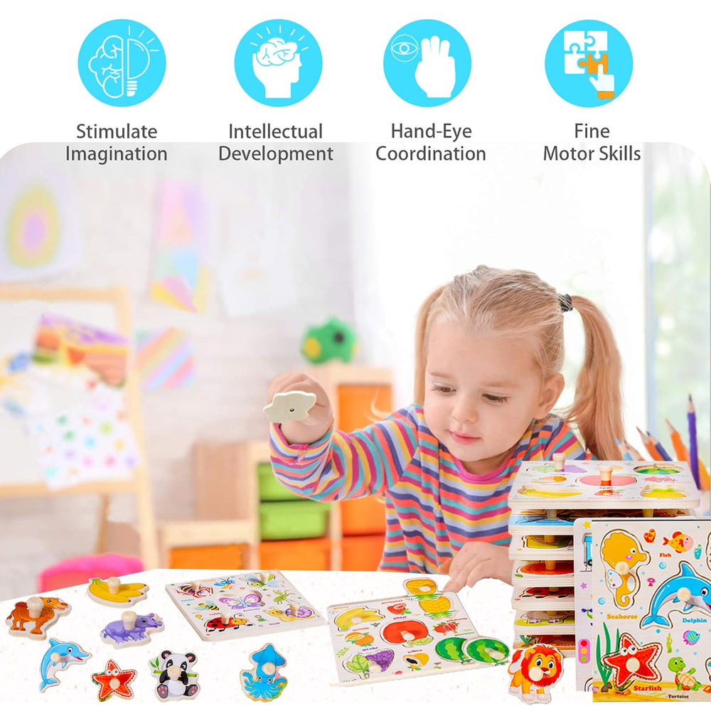 SUNPROUND peg puzzle farm scene highlights animals and daily life concepts for preschoolers.