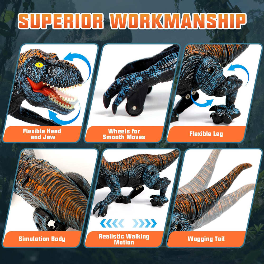 Sunrad Mini RC T-Rex roaring sparks dinosaur adventures for kids.