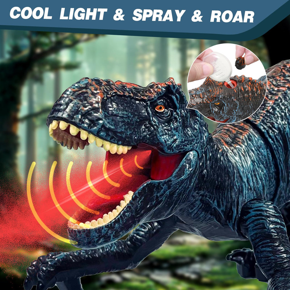 Sunrad RC Dino spray lights roar feature enhances interactive pretend battles.