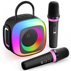 SunTrok Mini Karaoke Machine front view with two mics for family sing-alongs