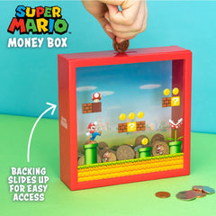 Super Mario arcade money box coin slot close-up highlights practical cash storage.