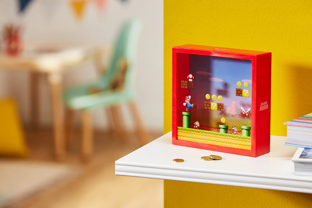 Super Mario arcade money box side view showing the coin slot for savings.
