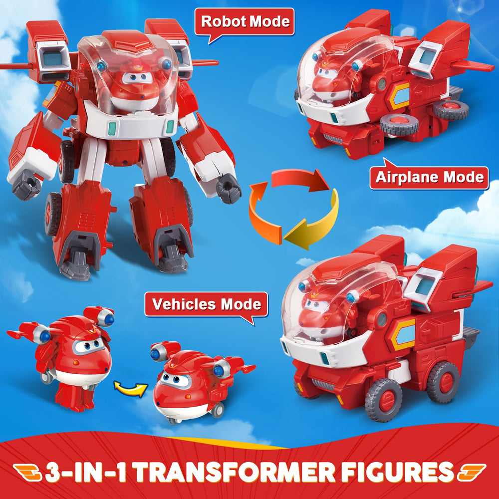 Super Wings Jett transforming plane-to-robot in action for kids.