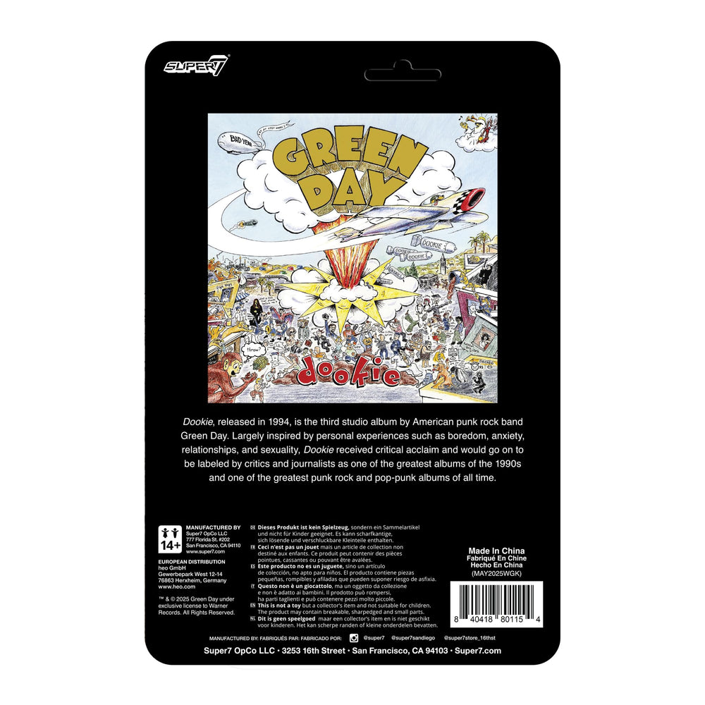 Blister card packaging echoes the Dookie cover for retro appeal of the Super7 figure