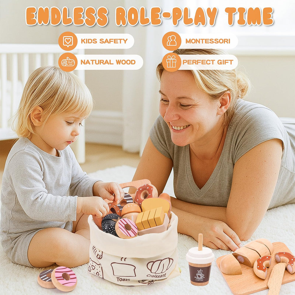 SUPERGFS wooden bakery playset muffins enhance sensory play and turn-taking during pretend kitchen.