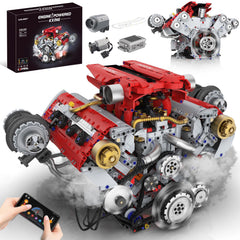 Suplanet V8 engine kit front view showing the compact V-shaped block for display and learning.